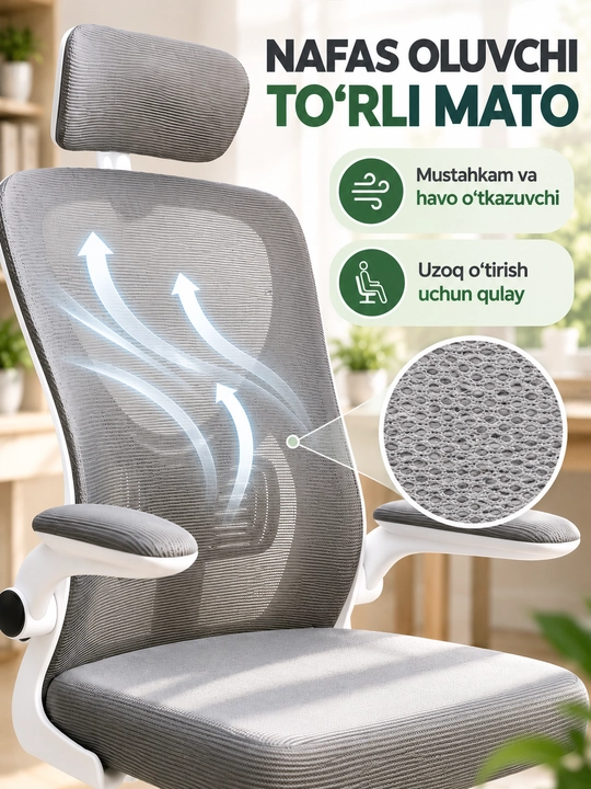 Ergonomik ofis kreslosi, bel tayanchi, to'rli suyanchiq va bosh suyanchig'i bilan
