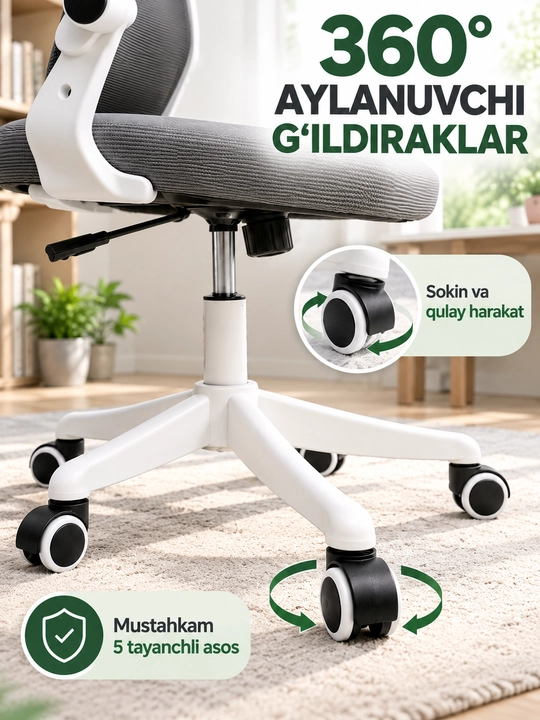 Ergonomik ofis kreslosi, bel tayanchi, to'rli suyanchiq va bosh suyanchig'i bilan