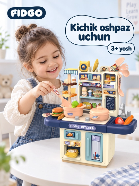 Suv va bug‘ effekti bilan jihozlangan bolalar o‘yinchoq oshxonasi, idish-tovoqlar to‘plami