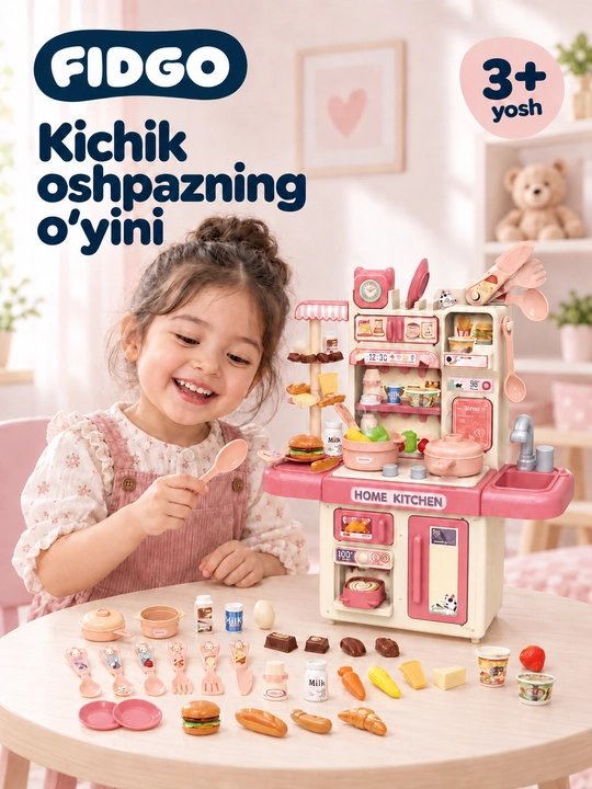 Suv va bug‘ effekti bilan jihozlangan bolalar o‘yinchoq oshxonasi, idish-tovoqlar to‘plami