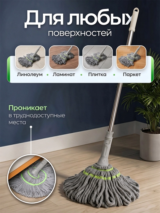 Швабра, 2 насадки из микрофибры, высокая впитываемость, для мытья полов и уборки пыли