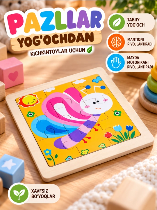 Kichkintoylar uchun yog‘och pazllar, 20 xil turi - 