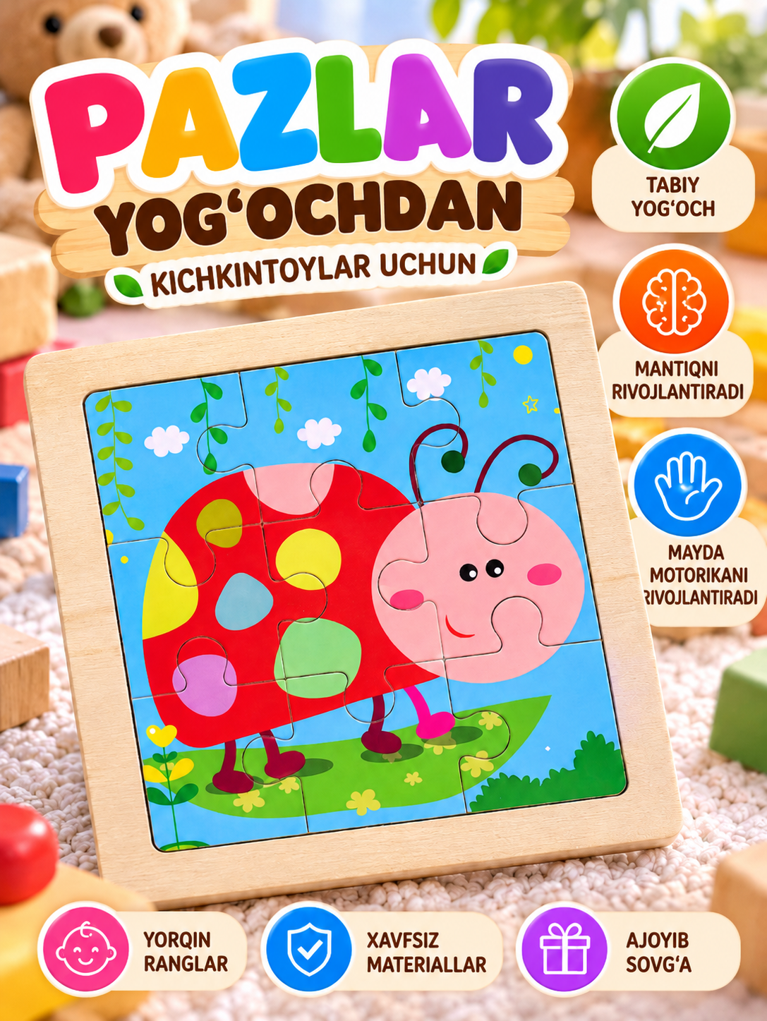 Kichkintoylar uchun yog‘och pazllar, 20 xil turi - 