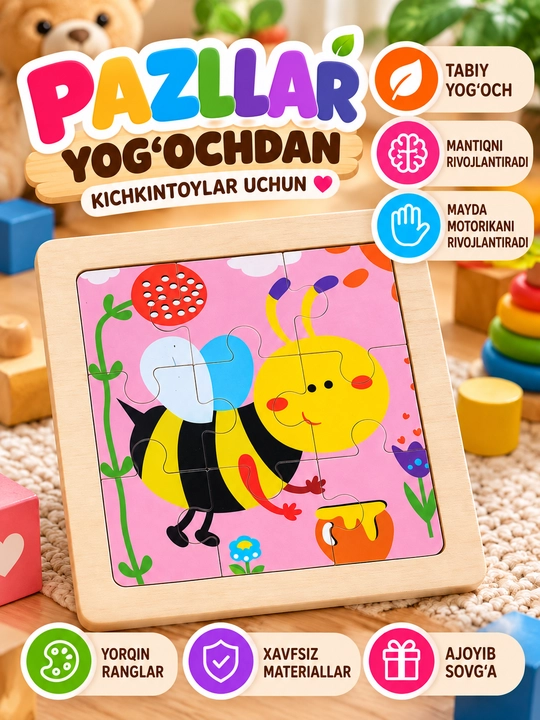 Kichkintoylar uchun yog‘och pazllar, 20 xil turi - 