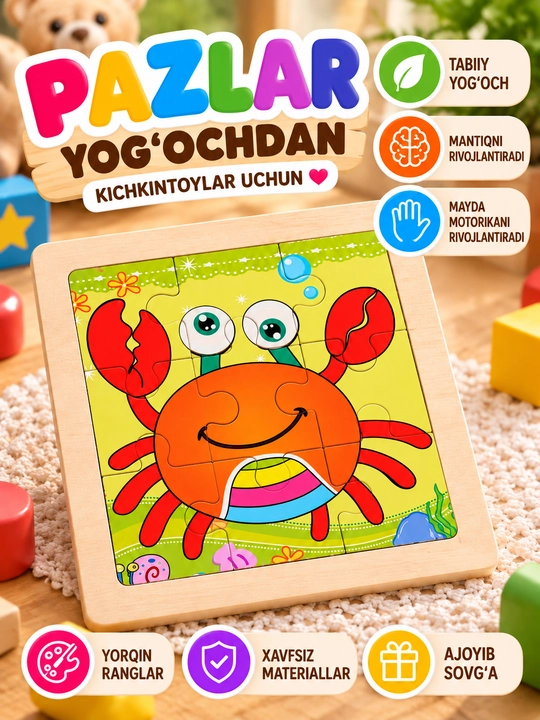 Kichkintoylar uchun yog‘och pazllar, 20 xil turi - 