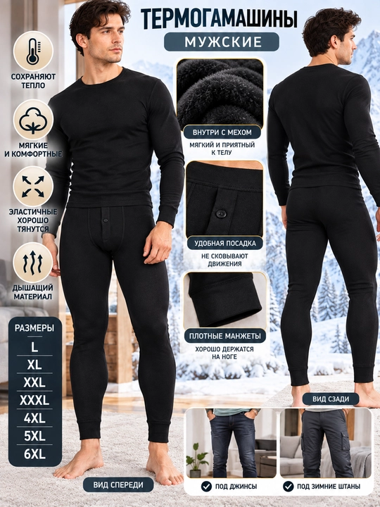Erkaklar kalsoni, uzun ichki shim, qora termal kiyim, erkaklar ichki kiyimi, L–6XL razmer