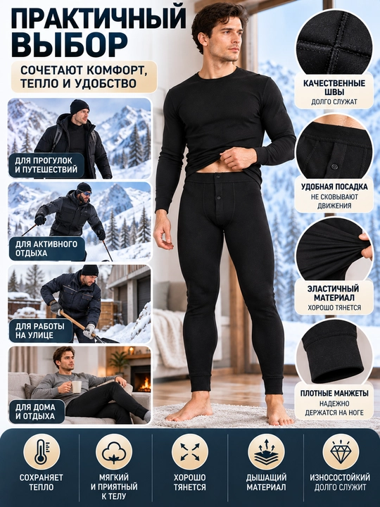 Erkaklar kalsoni, uzun ichki shim, qora termal kiyim, erkaklar ichki kiyimi, L–6XL razmer