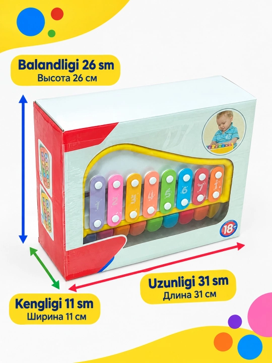 Huanger ksilofoni va bolalar pianinosi, 18+ oylik bolalar uchun 2 tasi 1 da musiqiy o‘yinchoq