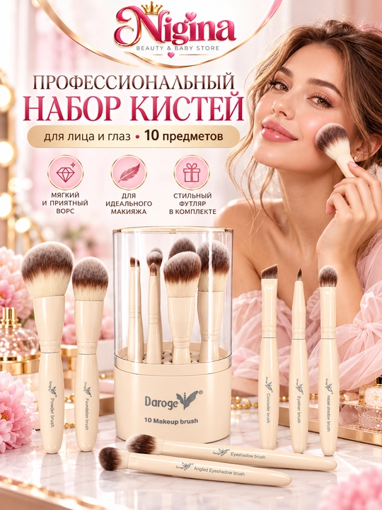 Профессиональный набор кистей для макияжа, 10 шт  с чехлом для хранения