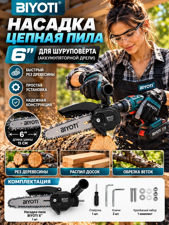 Насадка-цепная пила на дрель и шуруповёрт Biyoti, 6 дюймов - 
