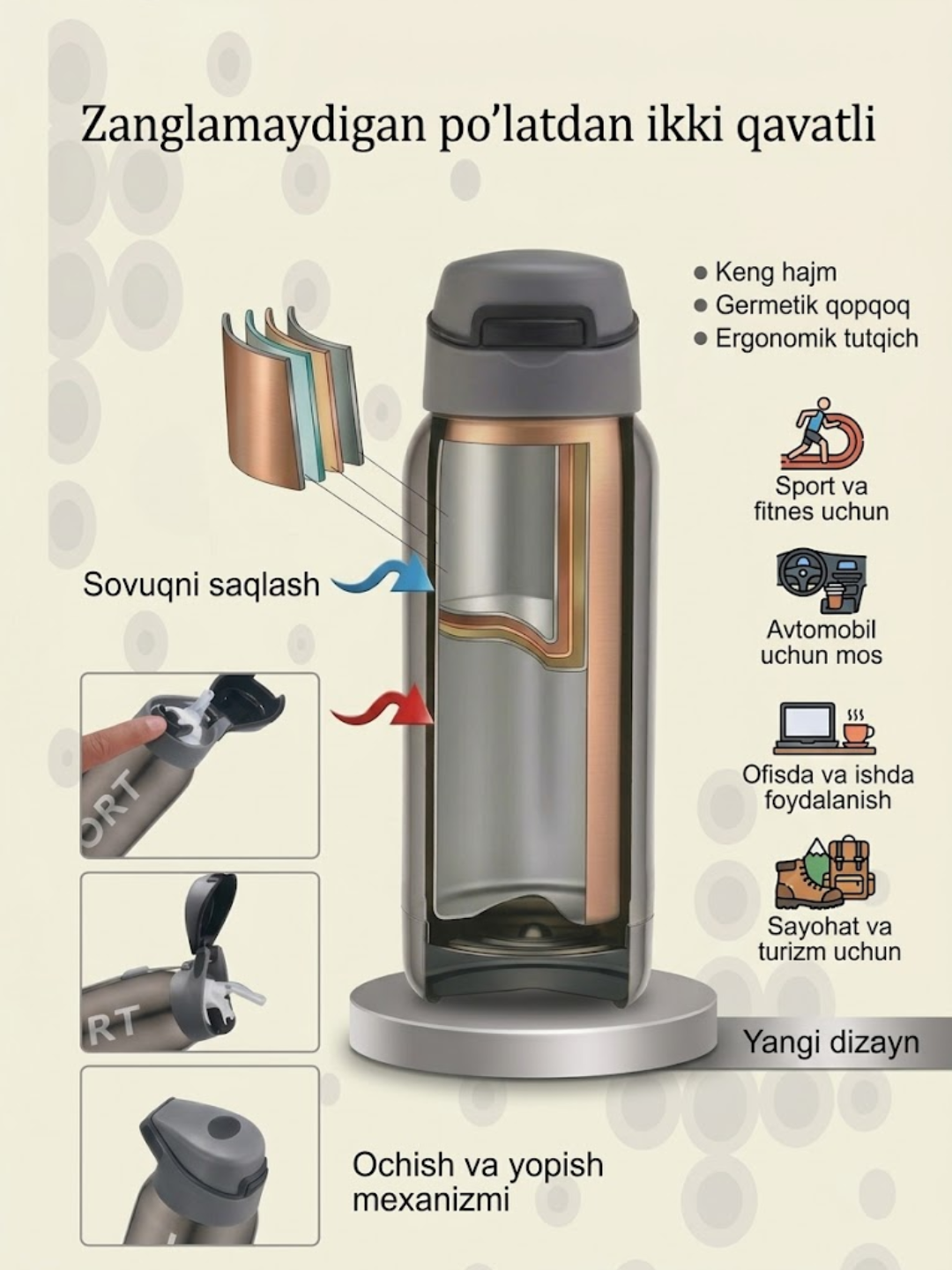 Choy va kofelar uchun  germetiklangan termokrujka, termoslar 500ml