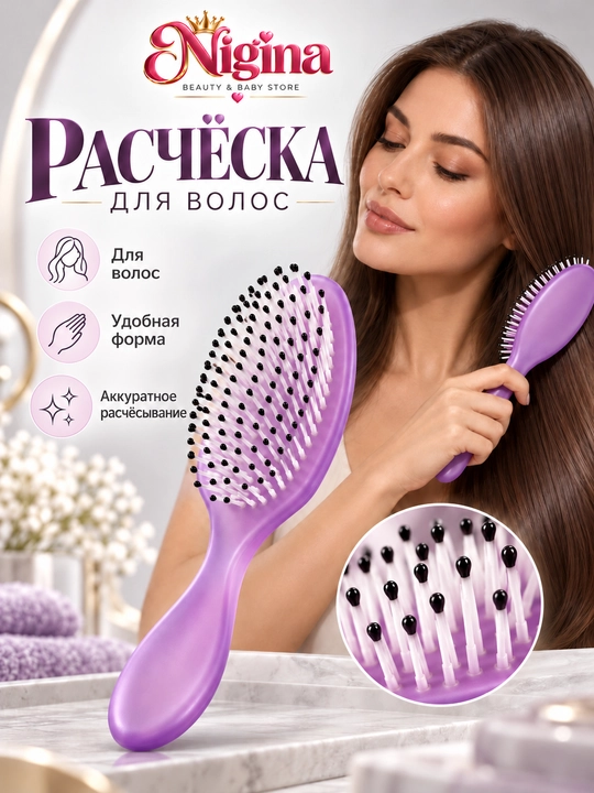 Soch uchun massaj taroq-cho‘tka, yumaloq uchli tishlar, qulay tutqichli, binafsha - 