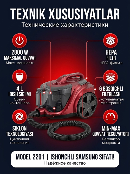 Пылесос Samsung 2201, 2800 Вт, 4 л, циклонный, HEPA-фильтр, без мешка, пульт, красный
