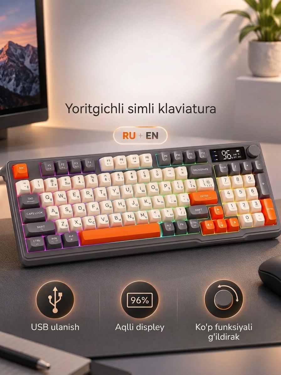 O‘yinchilar va kompyuter uchun simli RGB LED o‘yin klaviaturasi