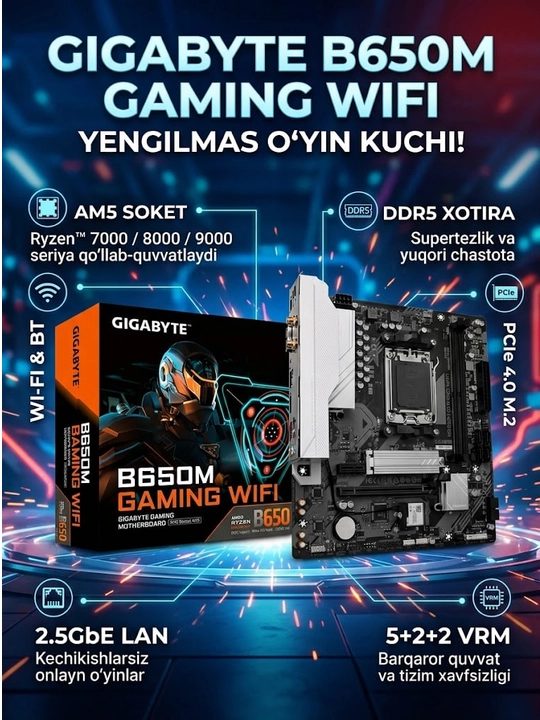 Ona plata GIGABYTE B650M GAMING WIFI, AM5 soket, DDR5, PCIe 4.0, mATX, o'yinlar uchun - 