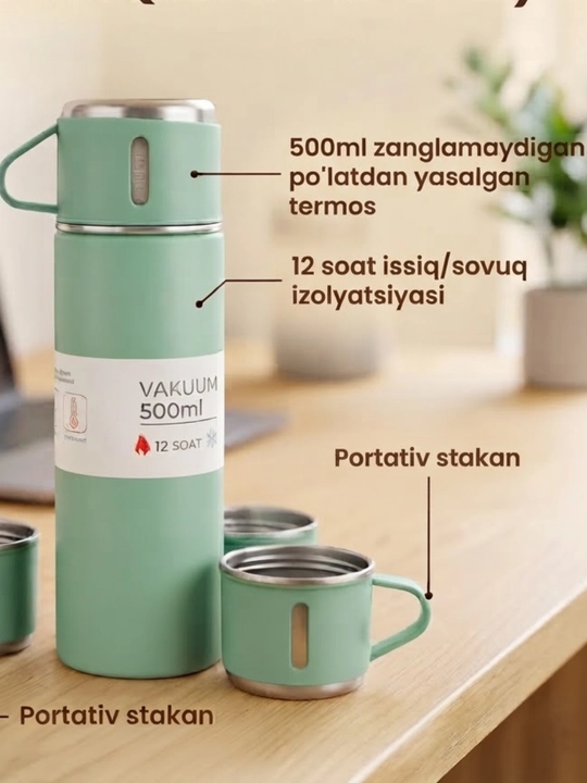 Termos Vacuum flask set, 500 ml, 3 ta krujkali sovg`a to'plami - 