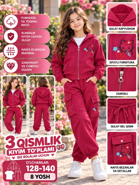 Qiz bolalar uchun Hello Kitty uslubidagi 3 qismli sport kiyimlar to‘plami - 