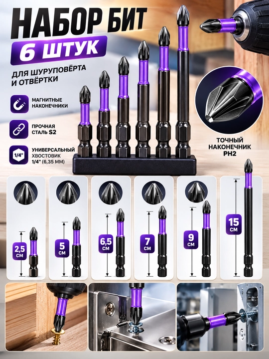 Набор магнитных бит PH2 S2, 6 шт. (50/65/70/90/110/150 мм)
