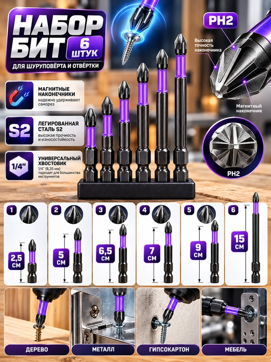 Набор магнитных бит PH2 S2, 6 шт. (50/65/70/90/110/150 мм)