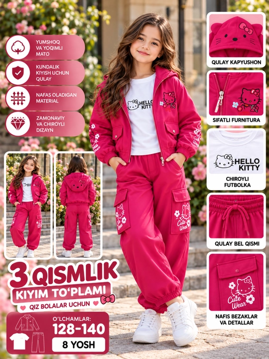 Qiz bolalar uchun Hello Kitty uslubidagi 3 qismli sport kiyimlar to‘plami - 