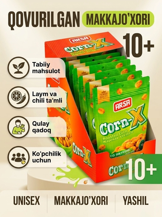Qovurilgan makkajo'xori ARSA Corn-X, laym va chili ta'mli qarsildoq gazak (1 quti) - 