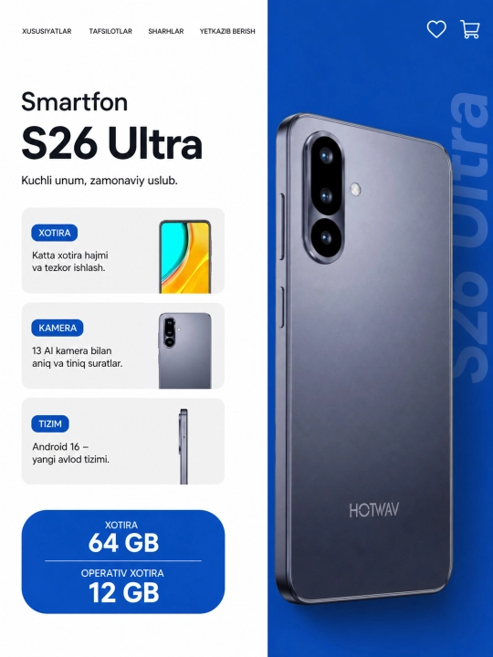 Смартфон hotwav A36, 64GB Rom 12GB Ram, 13 AI Мп Kamera, 5160 мАч, Android 16