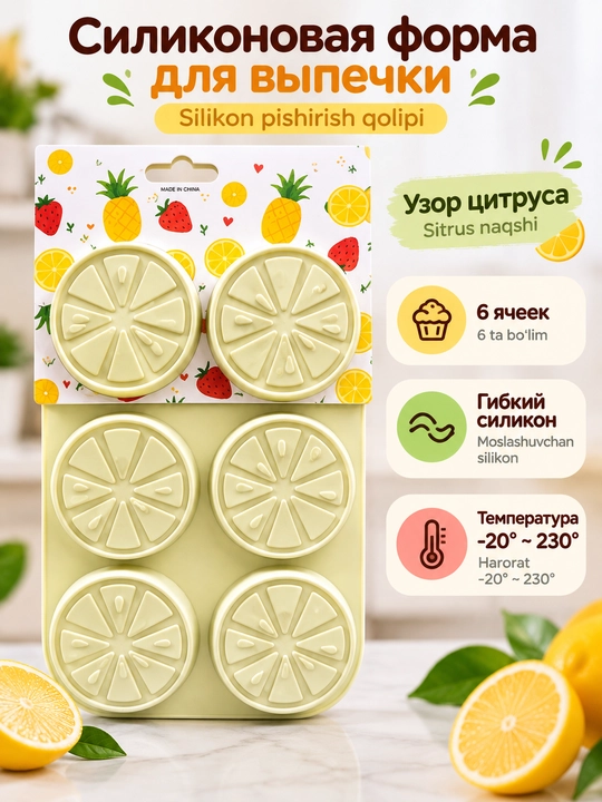 Sitrus naqshli silikon pishiriq qolipi, 6 ta bo‘limli, desertlar uchun
