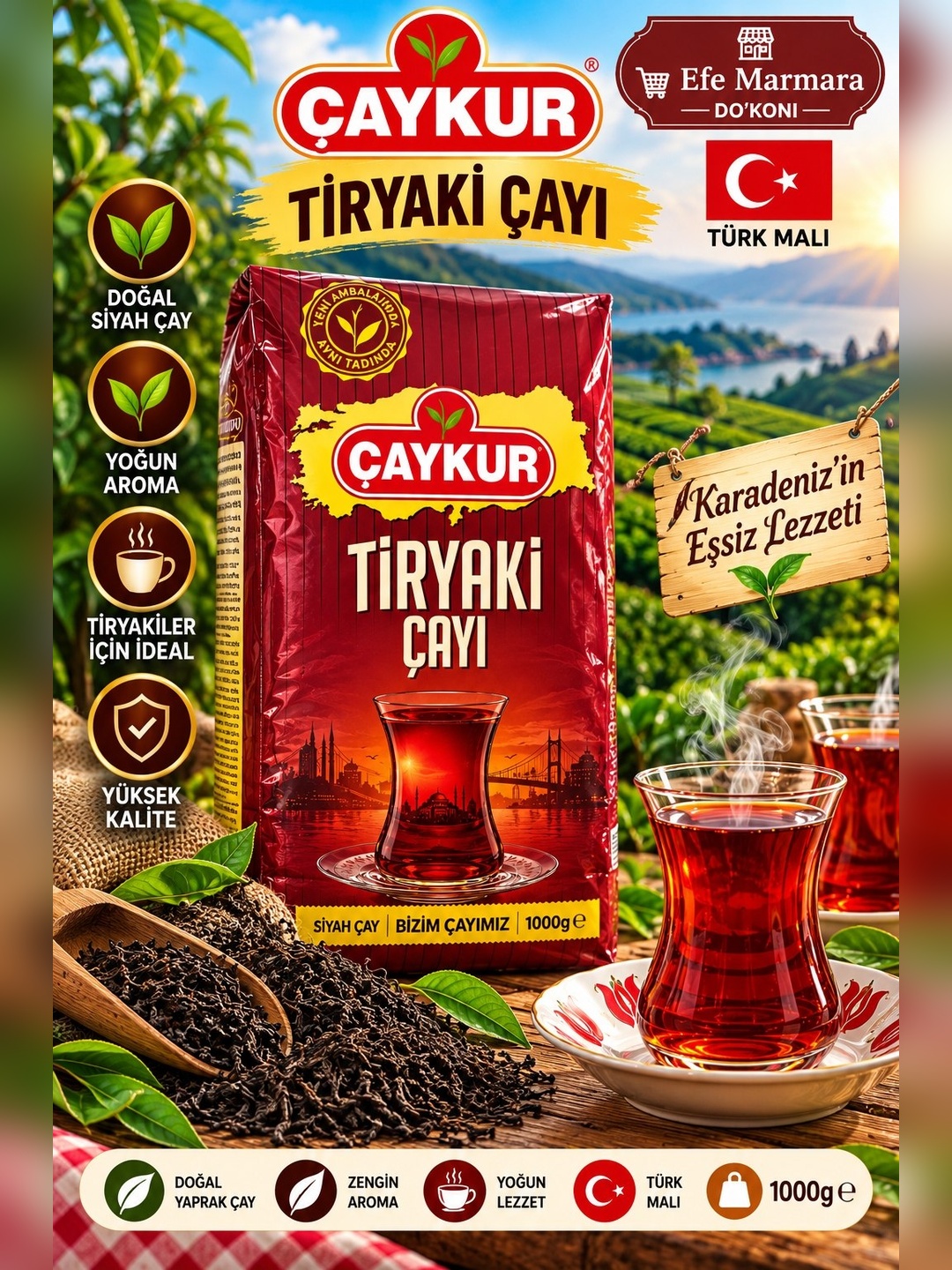 Qora bardak choy Çaykur Tiryaki, Turkiya, 1000 g - 