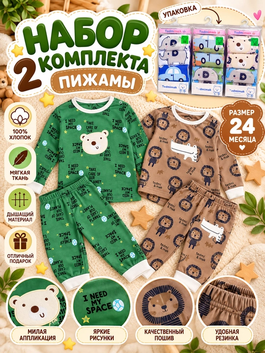 Chaqaloqlar uchun pijama, 2 ta komplekt, paxtali mato, rang va naqsh tasodifiy - 