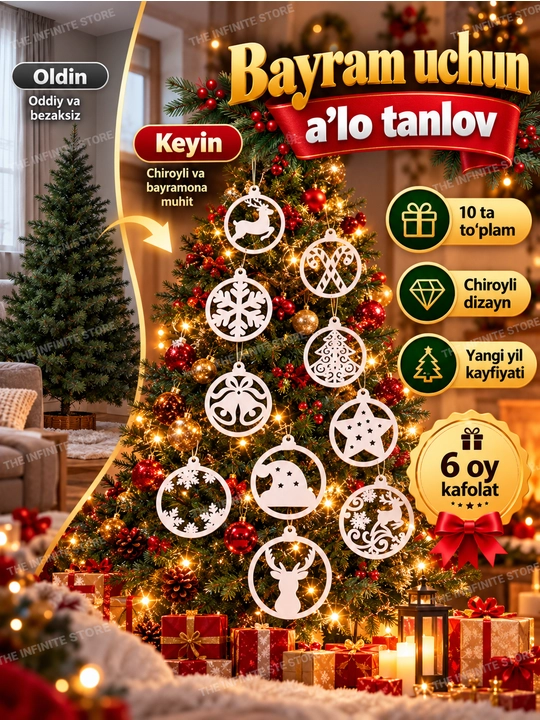 Yangi yil uchun archa bezaklari, 10 dona oq plastik o‘yinchoqlar, qor parchalari, 6x5 sm - 