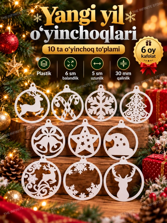 Yangi yil uchun archa bezaklari, 10 dona oq plastik o‘yinchoqlar, qor parchalari, 6x5 sm