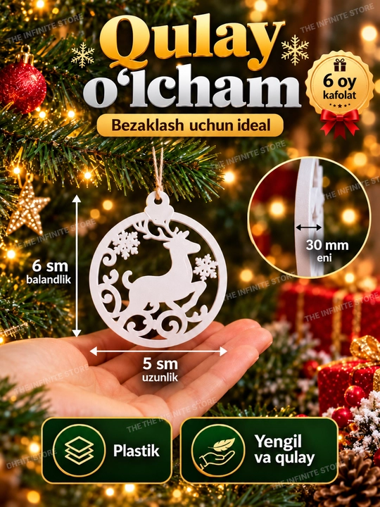 Yangi yil uchun archa bezaklari, 10 dona oq plastik o‘yinchoqlar, qor parchalari, 6x5 sm