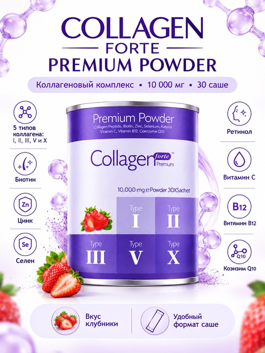 Коллаген FORTE для лица и волос Collagen Forte 10000 мг порошок 30 саше клубничный вкус - 