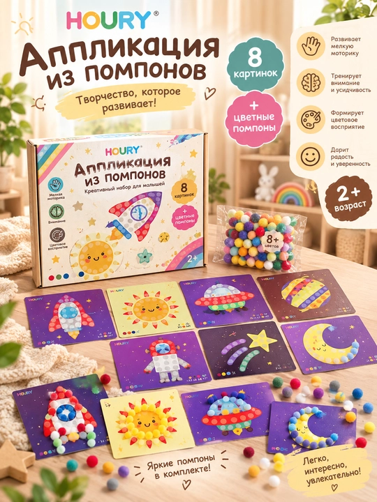 Bolalar uchun pomponli applikatsiya - ijodiy mashg‘ulot, mayda motorikani rivojlantiradi - 
