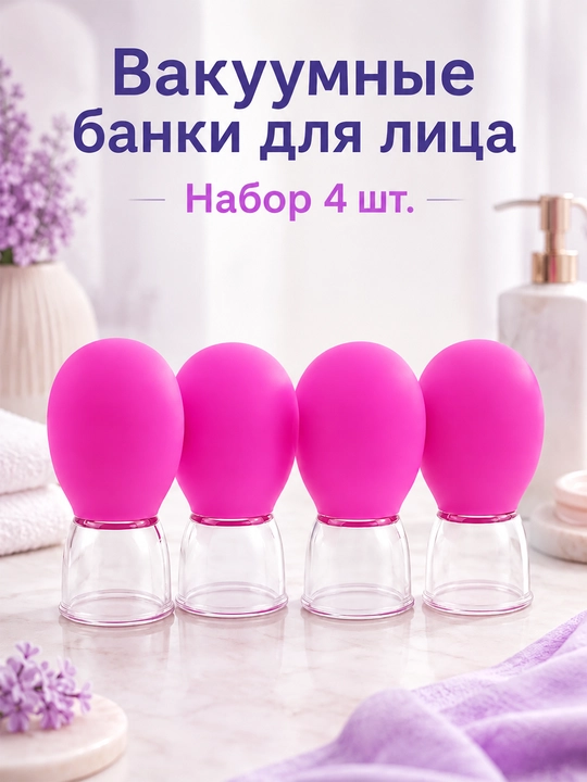 Вакуумные банки для массажа лица, силиконовые, набор 4 шт - 