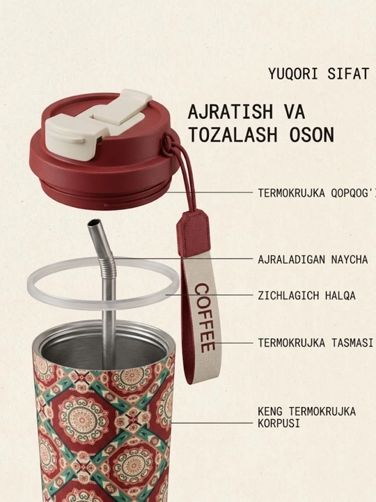 Choy va qahva uchun germetik termokrujka, SUS316 zanglamaydigan po‘latdan yasalgan, 500 ml