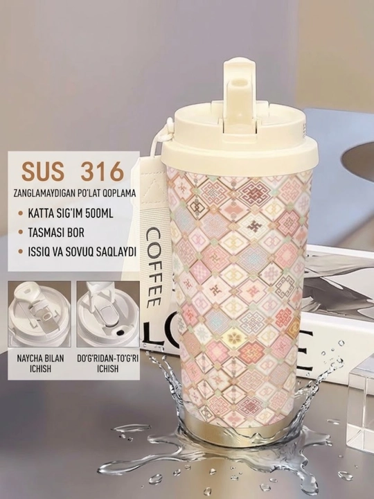 Choy va qahva uchun germetik termokrujka, SUS316 zanglamaydigan po‘latdan yasalgan, 500 ml