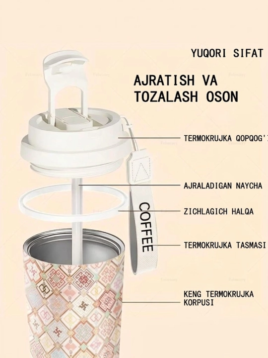 Choy va qahva uchun germetik termokrujka, SUS316 zanglamaydigan po‘latdan yasalgan, 500 ml