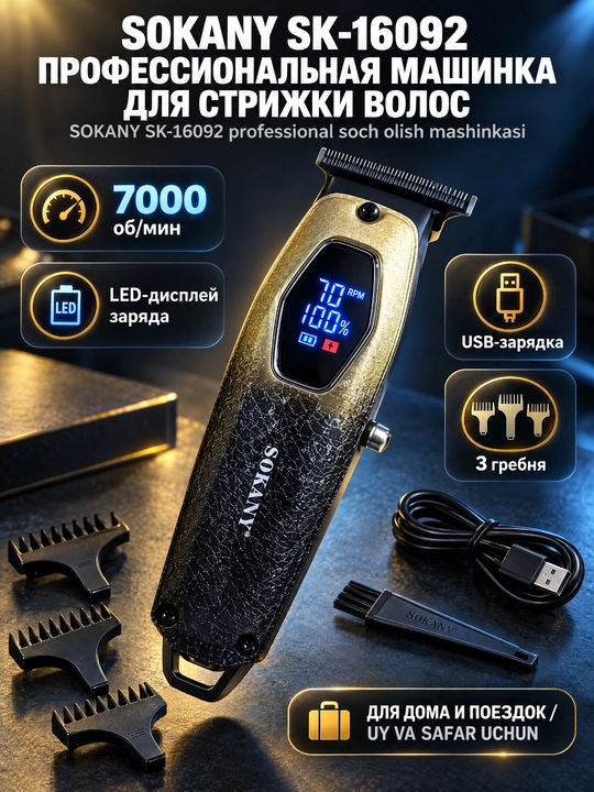 SOKANY SK-16092 Электрическая машинка для стрижки волос, LED дисплей, USB зарядка - 