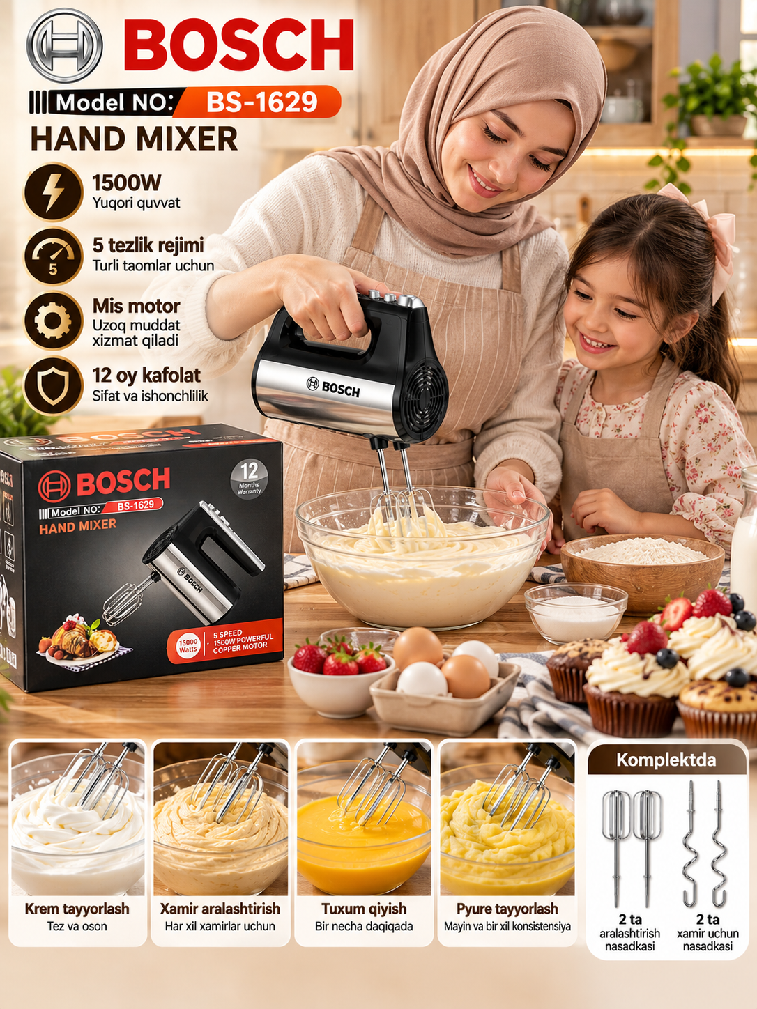 BOSCH BS-1629 — Elektr qo‘l mikseri, 1500 W