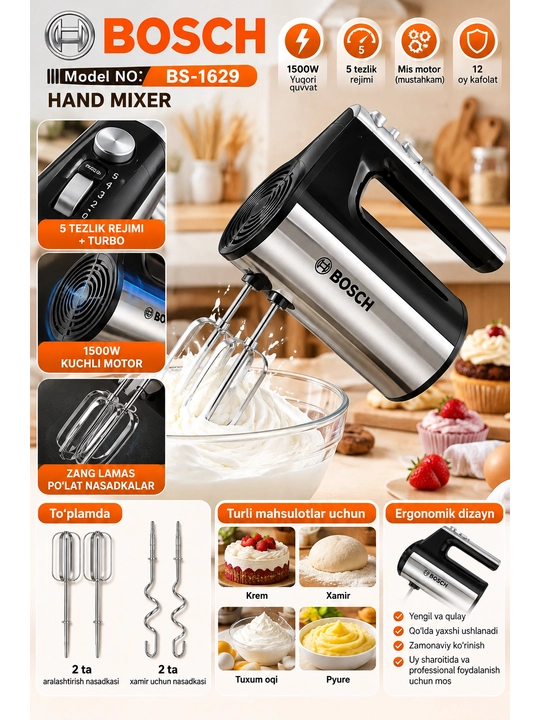 BOSCH BS-1629 — Elektr qo‘l mikseri, 1500 W