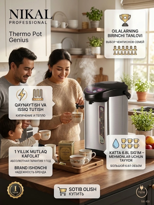 Elektr Termopot  6.8 litr, 750W, zanglamaydigan po'lat