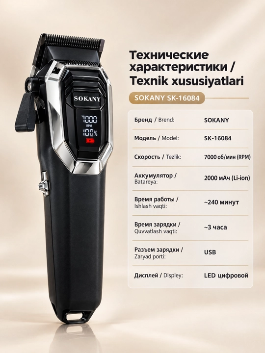 Профессиональная машинка для стрижки волос SOKANY SK-16084, 7000 об/мин, дисплей