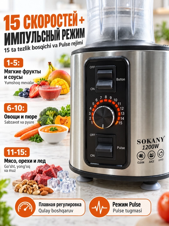 SOKANY SK-111 Блендер 7 в 1, 1200Вт, стакан 2,5л, комбайн для кухни, измельчитель