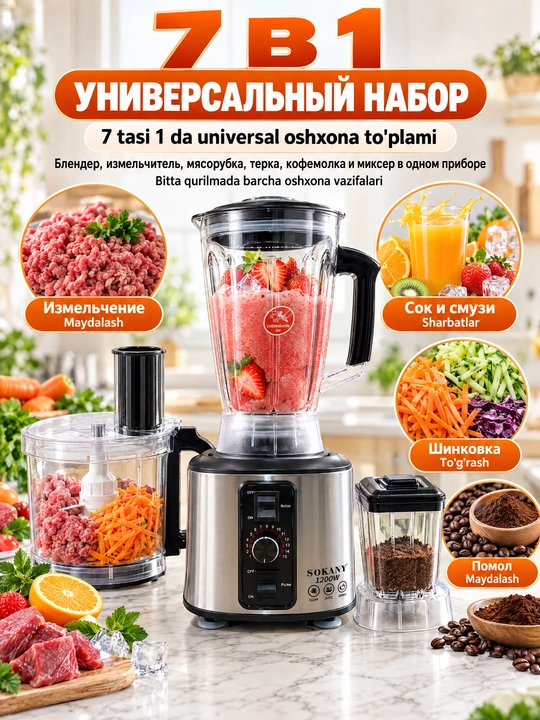 SOKANY SK-111 Блендер 7 в 1, 1200Вт, стакан 2,5л, комбайн для кухни, измельчитель