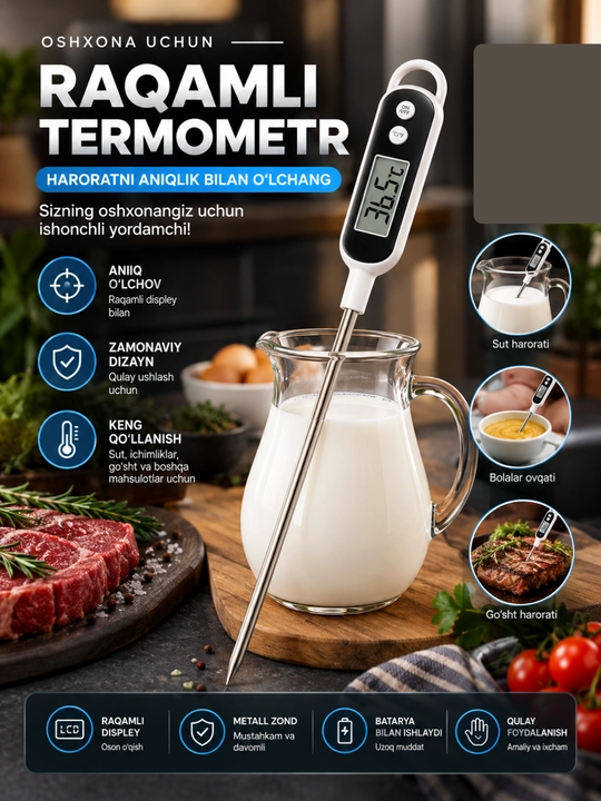 Metall shupli elektron oshxona termometri, raqamli harorat o‘lchagichi - 