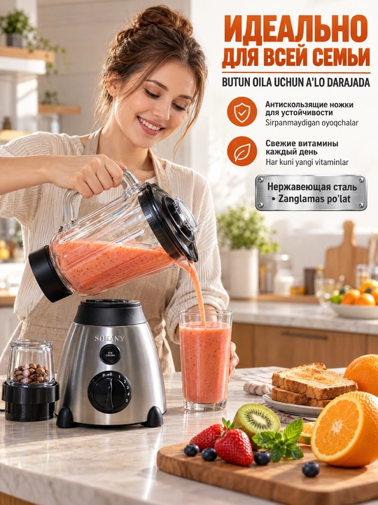 SOKANY SK-01026Блендер 800Вт,стеклянная чаша 1,5л,мельничка в комплекте,для смузи и специй