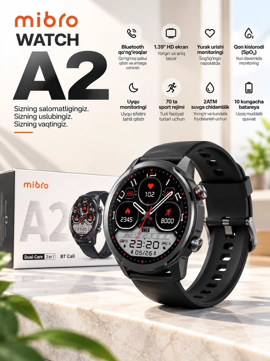 Xiaomi Mibro A2 smart soat, bluetooth qo'ng'iroq, salomatlik nazorati - 