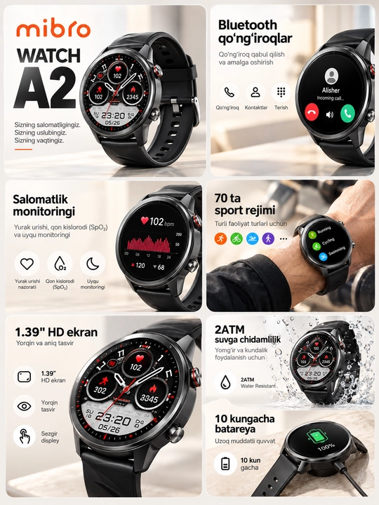 Xiaomi Mibro A2 smart soat, bluetooth qo'ng'iroq, salomatlik nazorati