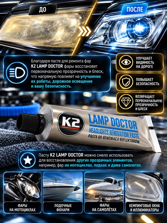 Реставратор фар, паста для ручной и машинной полировки K2 Lamp Doctor, 60 г